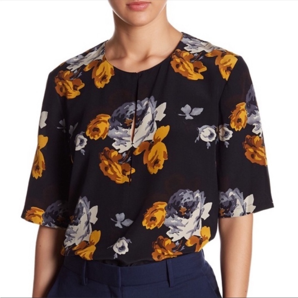 Theory Navy Antazie Floral Silk Blouse Size Small